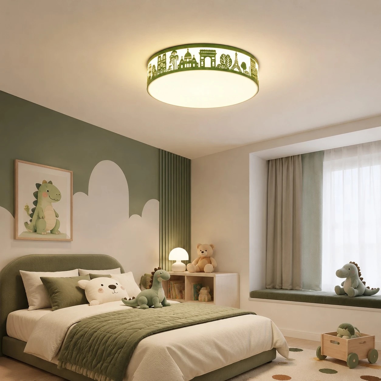 Luminária de teto com silhueta verde instalada em um ambiente aconchegante de quarto.