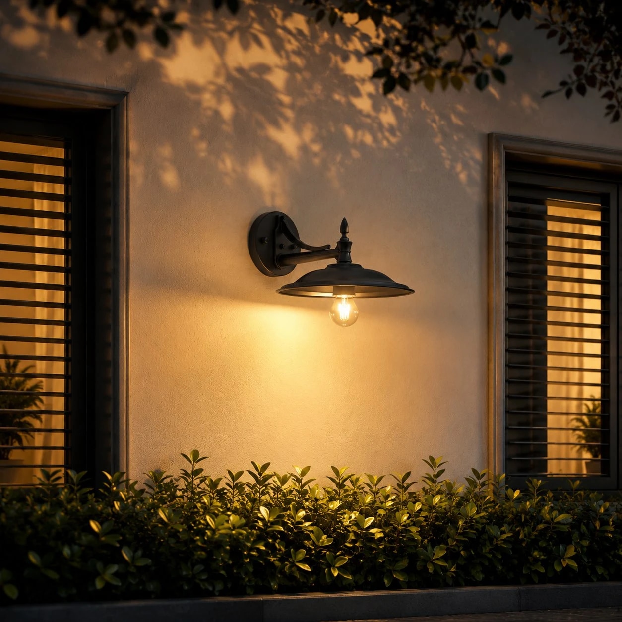 Outdoor wall sconce lighting greenery near a window
