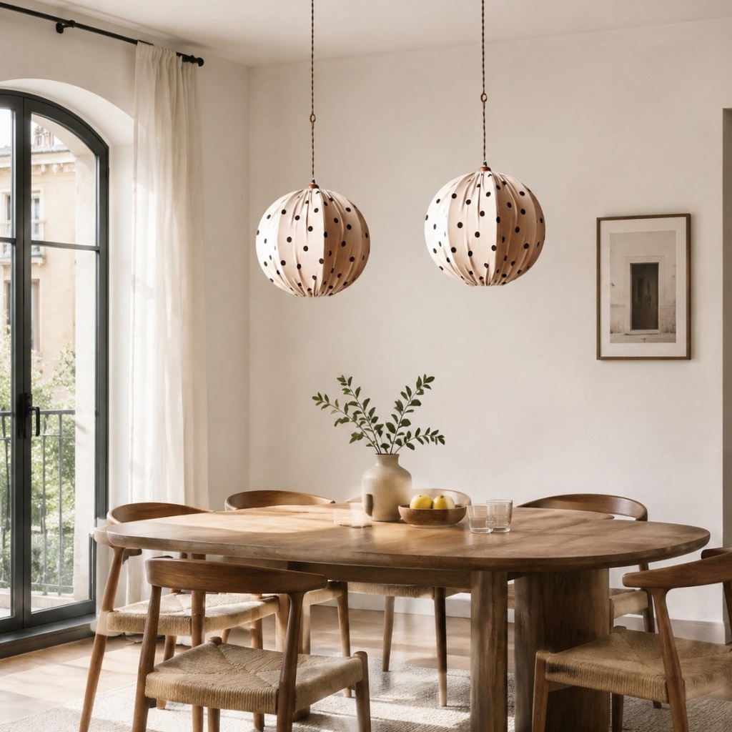 Cream polka dot fabric pendant lamp above a dining table