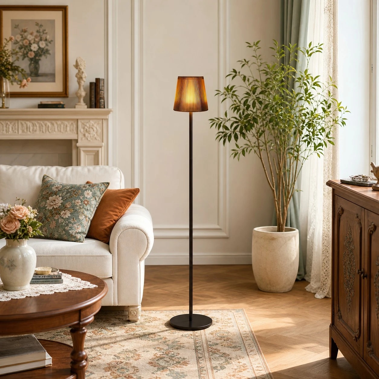 Floor lamp beside sofa and plant