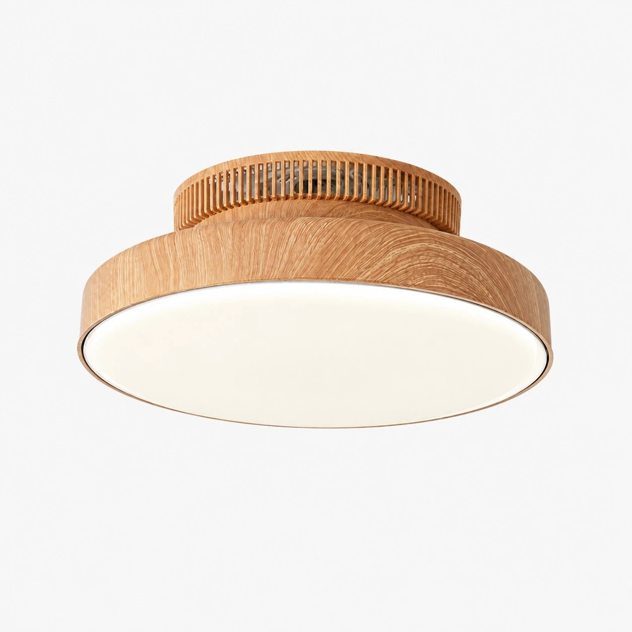 Ventilador de teto embutido estilo C em madeira natural com luz.
