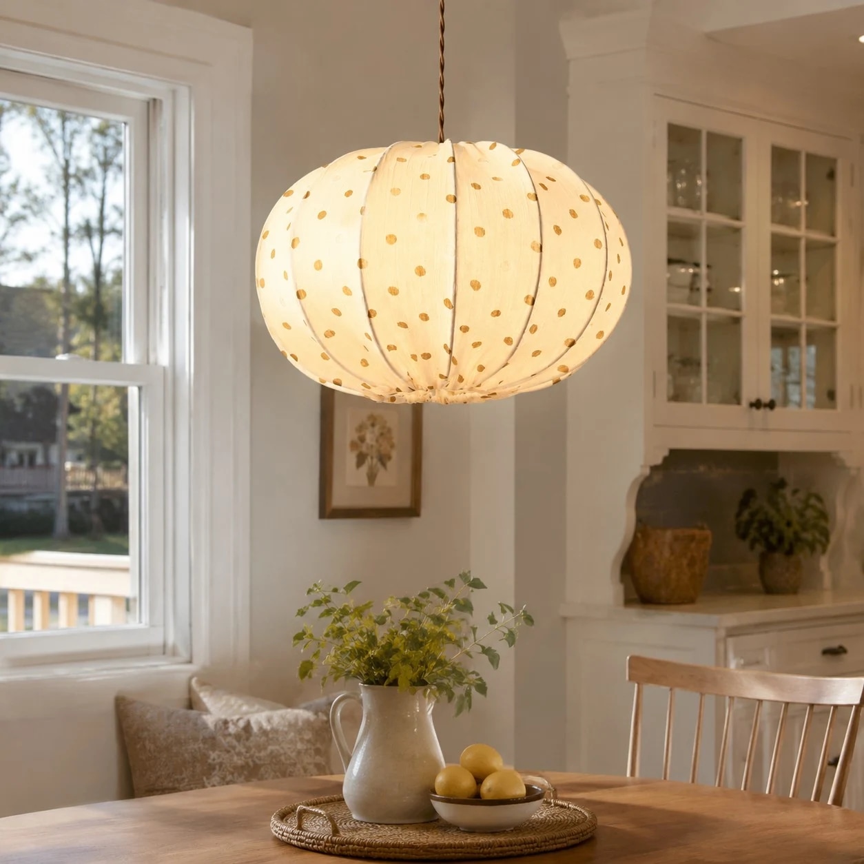 A soft cream fabric pendant with warm gold dots and sculpted folds.
