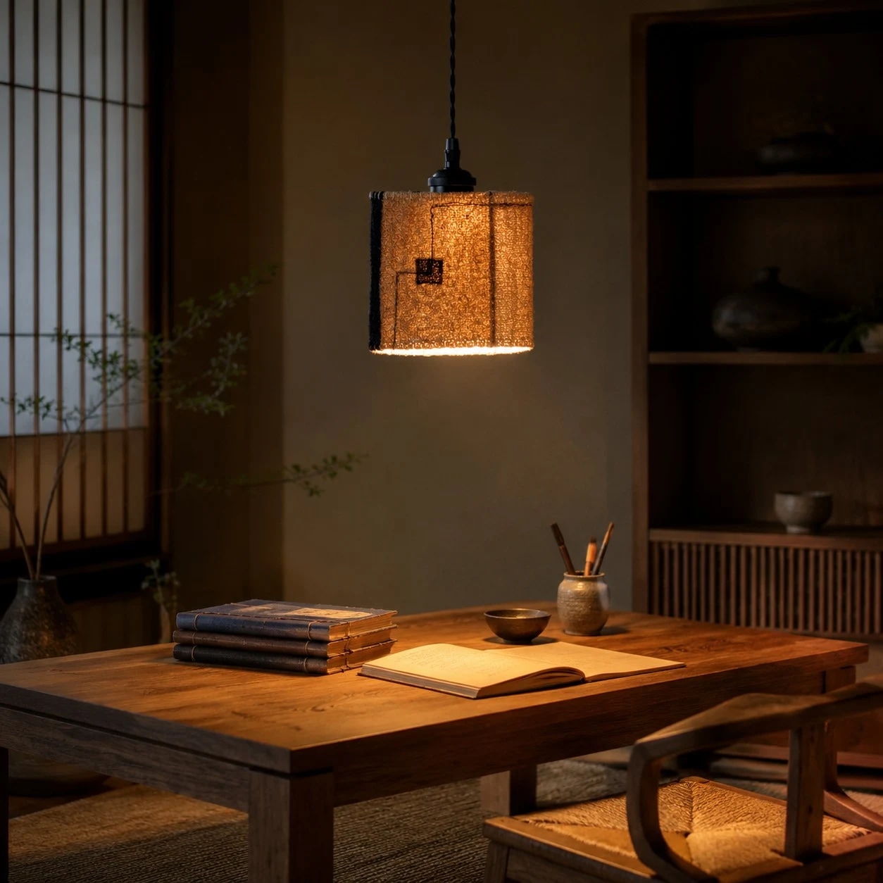 Round woven pendant lamp above a wooden desk