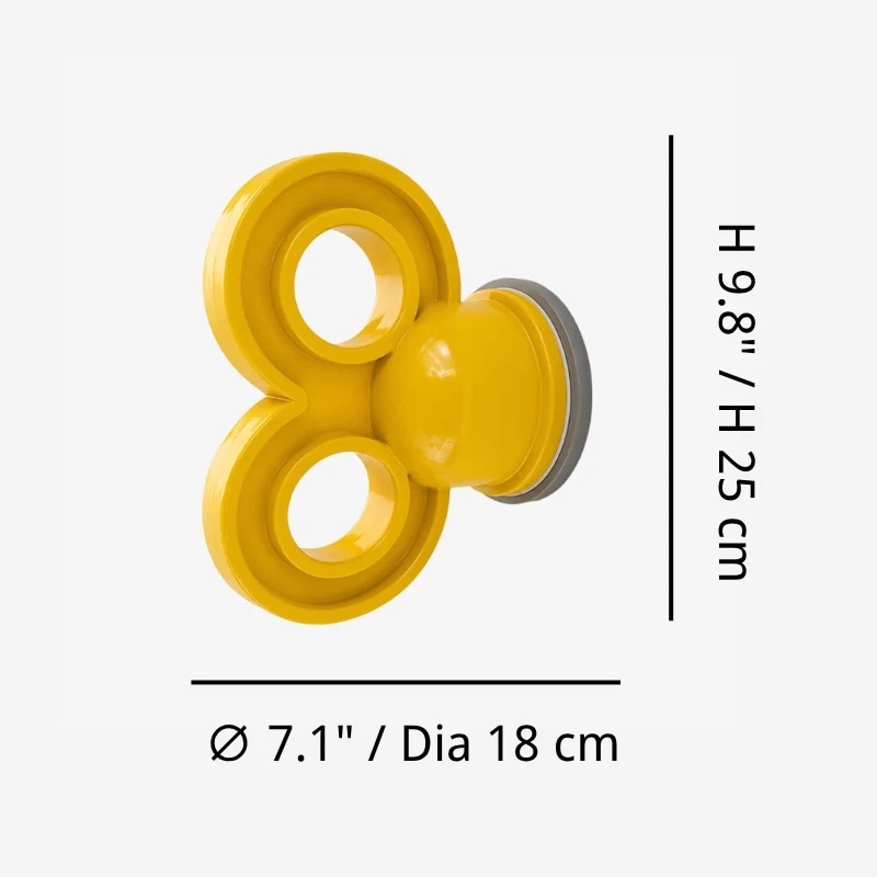 Diagrama de dimensões para luminária de parede escultural amarela mostrando Diâmetro 18 cm e A 25 cm