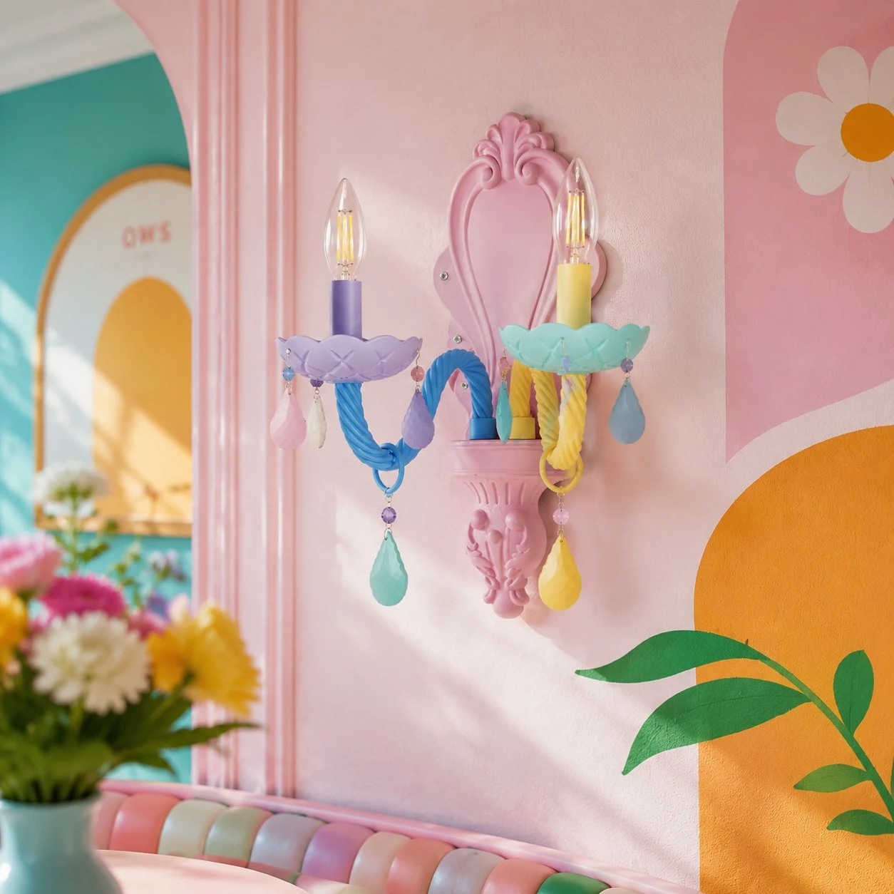 Aplique de parede colorido com duas lâmpadas em um quarto infantil em tons pastel