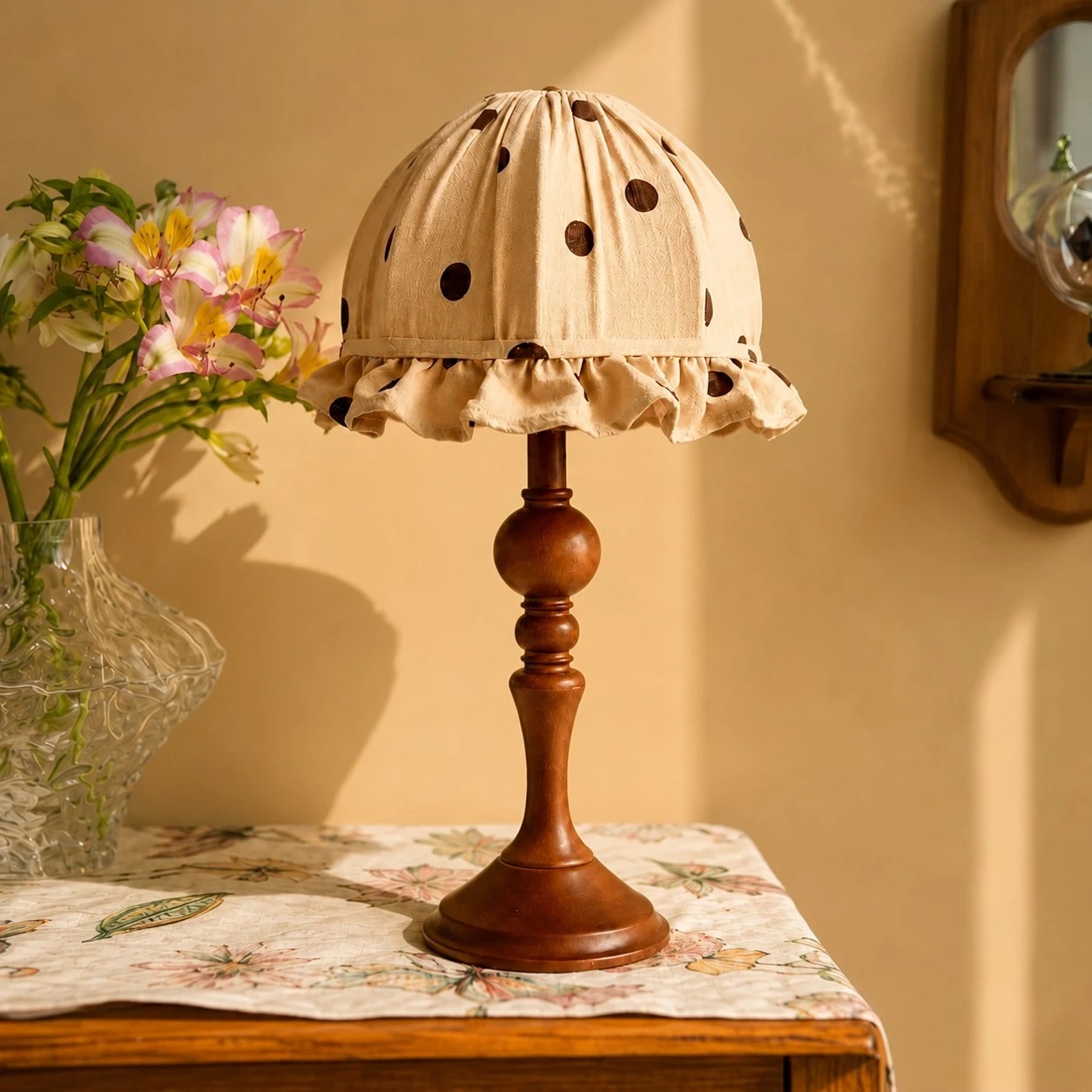 Polka dot fabric table lamp styled on a warm wooden table