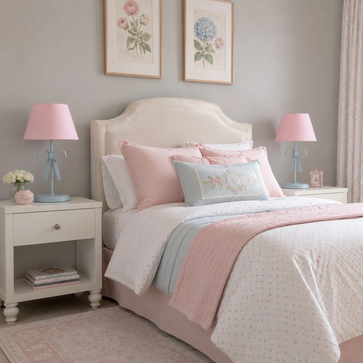 Quarto em tons pastel com abajures decorativos em forma de laço nas mesas de cabeceira.