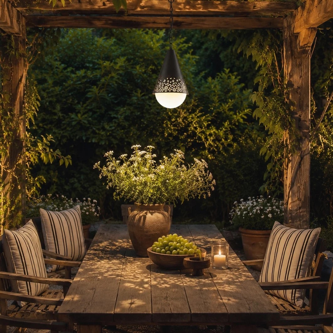 Baoxela pendant light over patio dining table under wooden arbor
