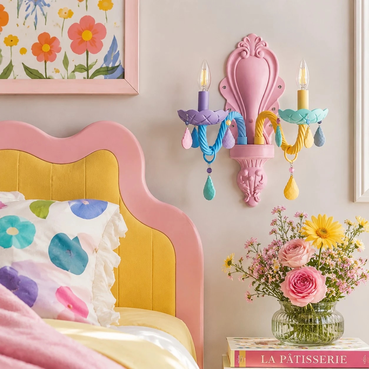 aplique de parede colorido com duas lâmpadas ao lado de uma cama infantil rosa