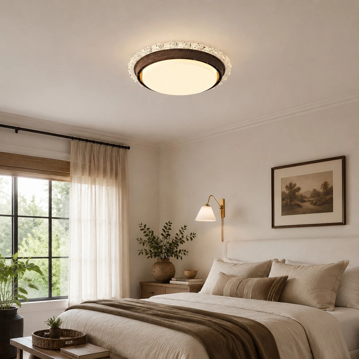 Luminária de teto embutida instalada em um quarto bem iluminado