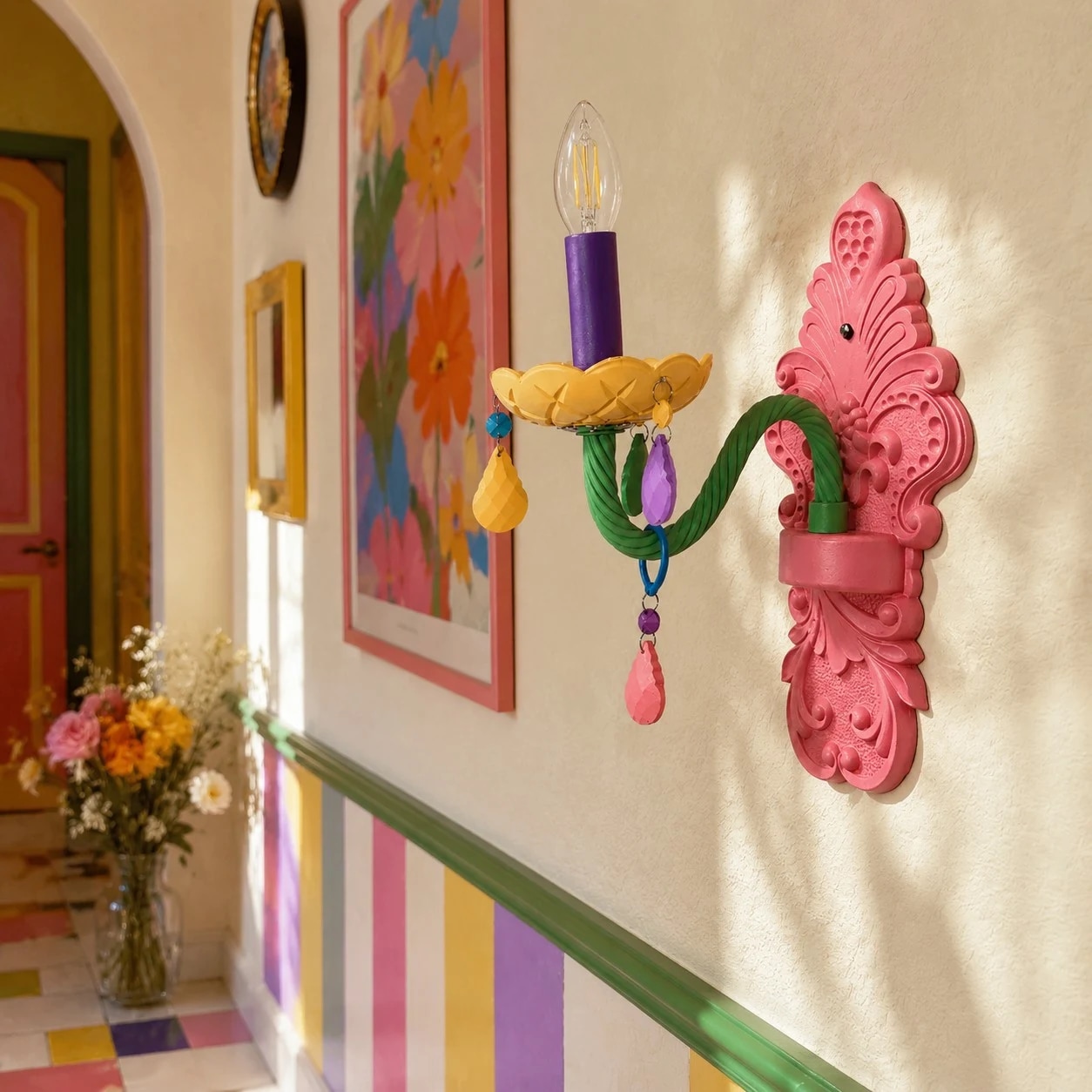 Luminária de parede colorida com uma única lâmpada em um corredor estilizado