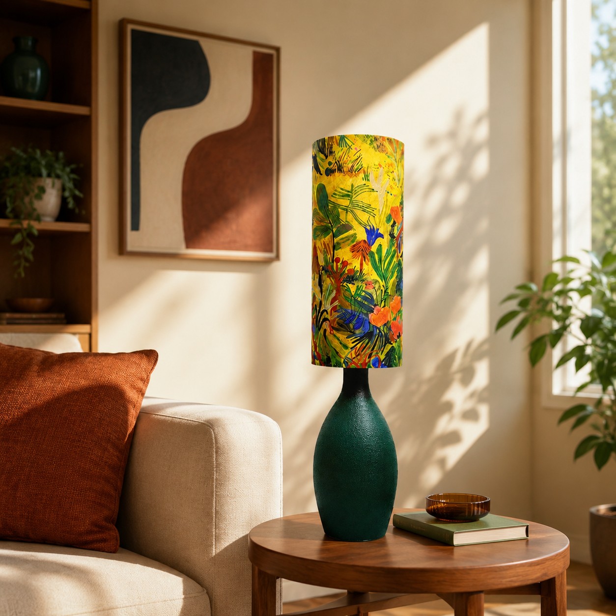 Žlutozelená květinová stolní lampa stylizovaná vedle pohovky