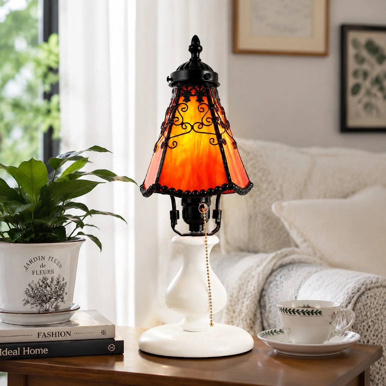 Amber table lamp styled in a cozy living room