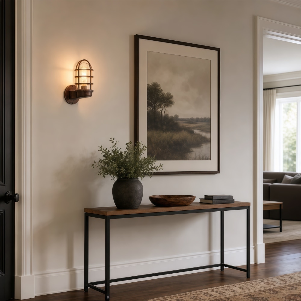 Aplique de pared de cristal transparente Patnox sobre una mesa consola