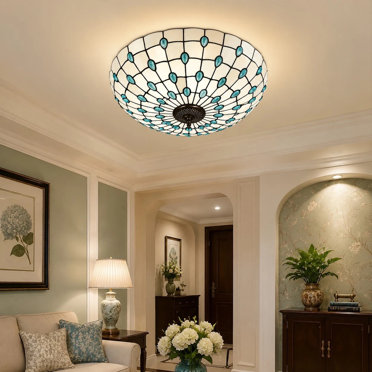 Blue stained glass flush mount light in a living room