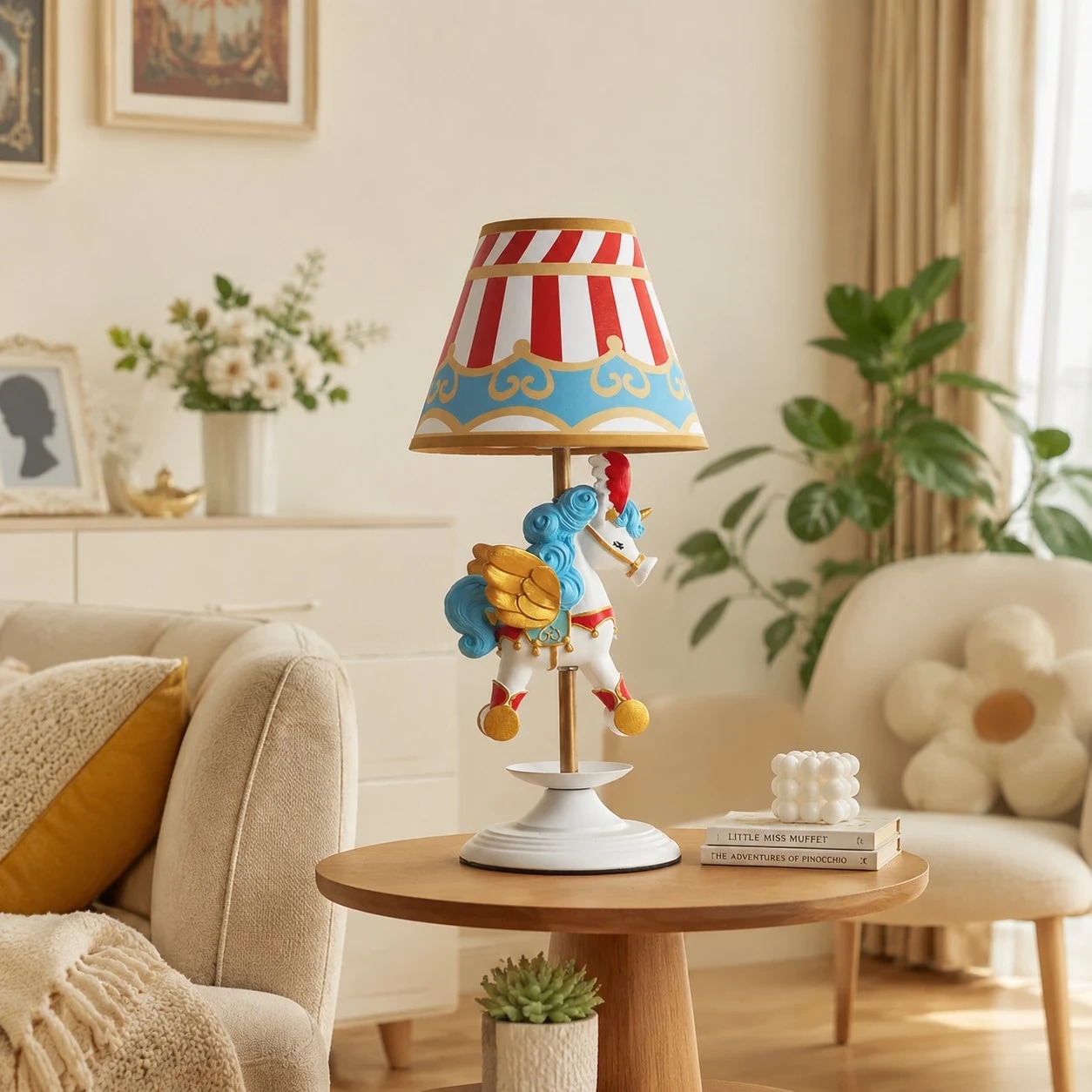 Abajur de mesa unicórnio de carrossel de circo, estilo mesa lateral de sala de estar.