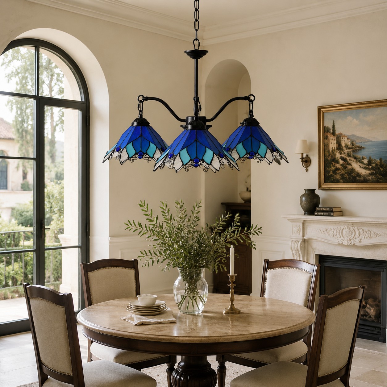 Lustre de vitral com quatro luzes em ambiente interno