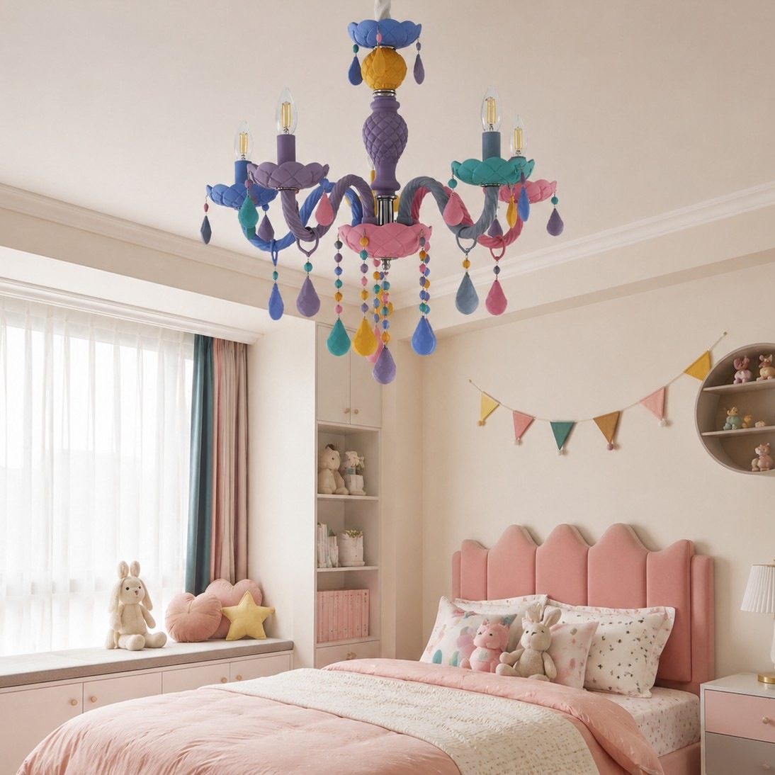Lustre colorido instalado acima de um quarto infantil em tons pastel.