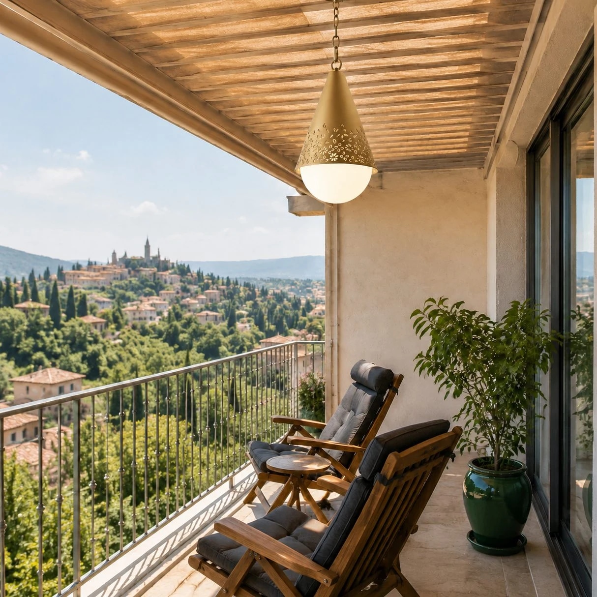 Baoxela pendant light on covered balcony with outdoor seating