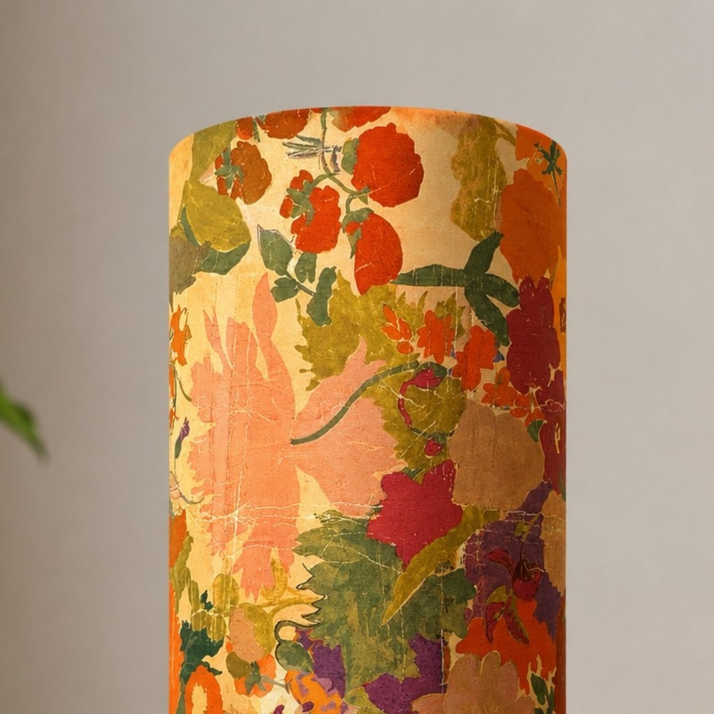 Close detail of the warm floral fabric shade