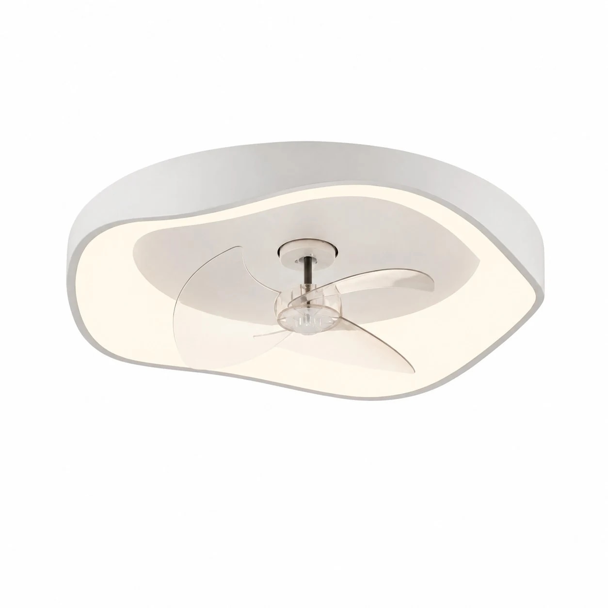 Ventilador de teto com luz branca de espectro total e pás transparentes.