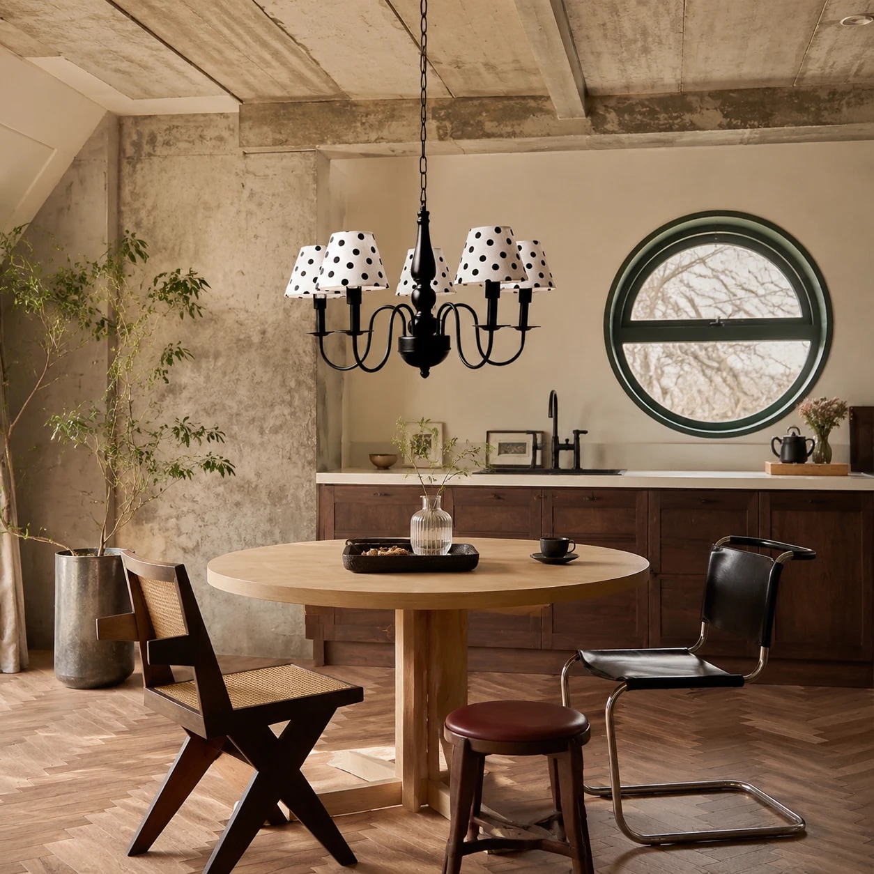 Lustre de bolinhas instalado sobre uma mesa de jantar aconchegante.