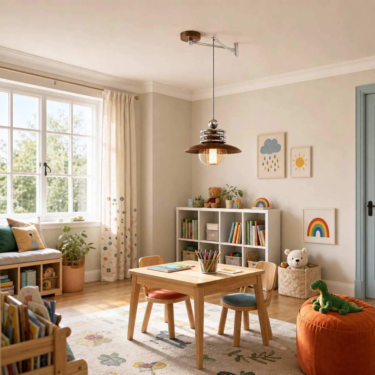 Pendente de metal marrom em uma sala de leitura com decoração lúdica.