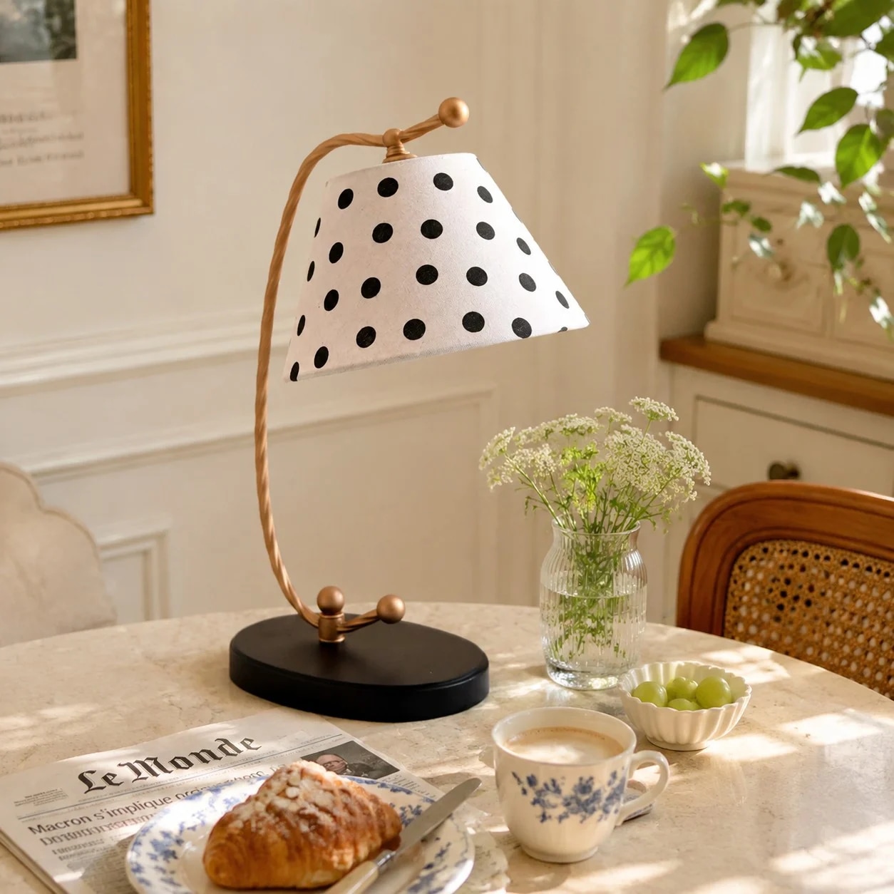 Polka dot table lamp styled on a vintage tabletop