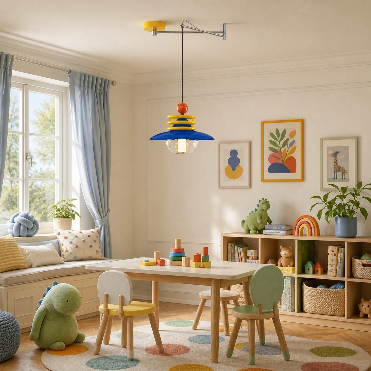 Pingente de dopamina azul e amarelo instalado em um quarto infantil colorido.