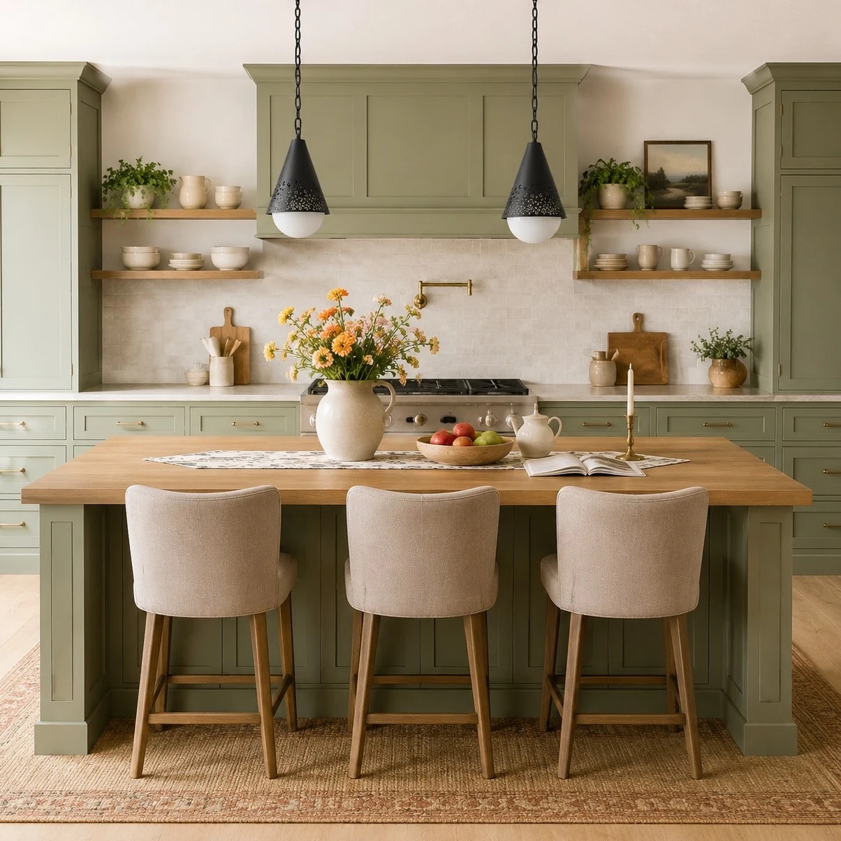 Baoxela pendant lights above a kitchen island in warm residential styling