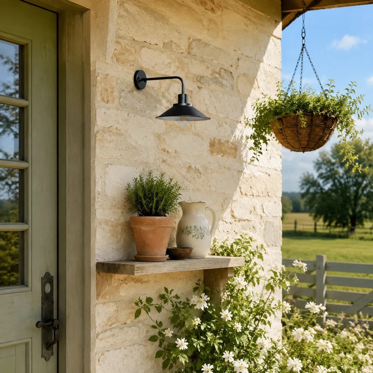 Outdoor wall lamp near a porch shelf
