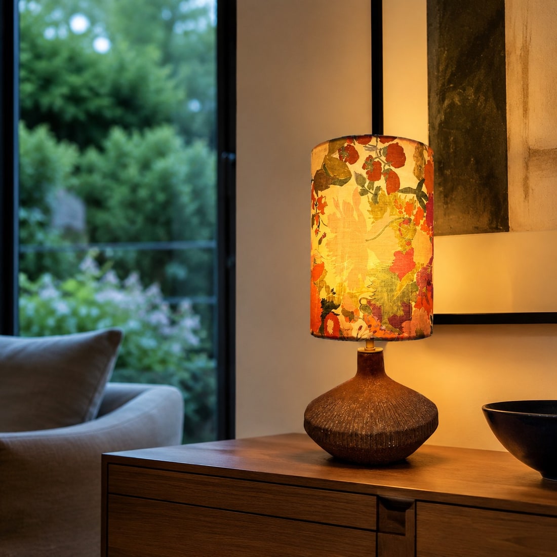 Warm floral table lamp glowing on a wooden side table