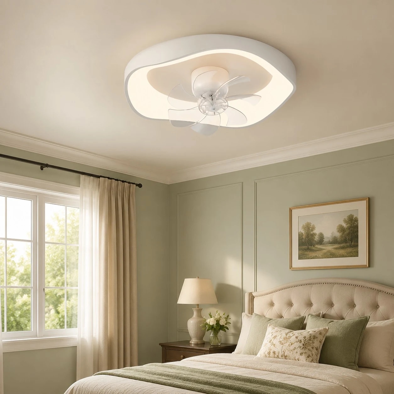 Quarto aconchegante com ventilador de teto discreto e luminoso.