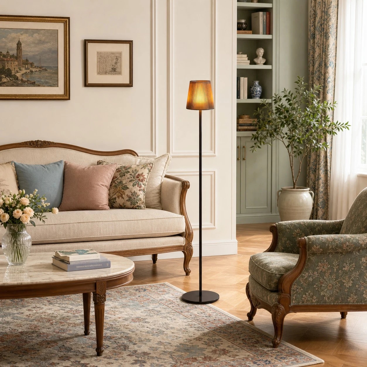 Floor lamp in a refined living room seating area