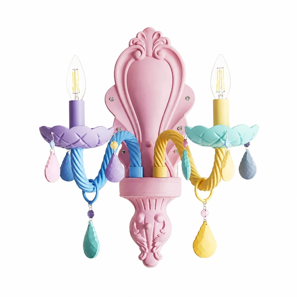 Aplique de parede de cristal colorido com duas lâmpadas para quarto infantil