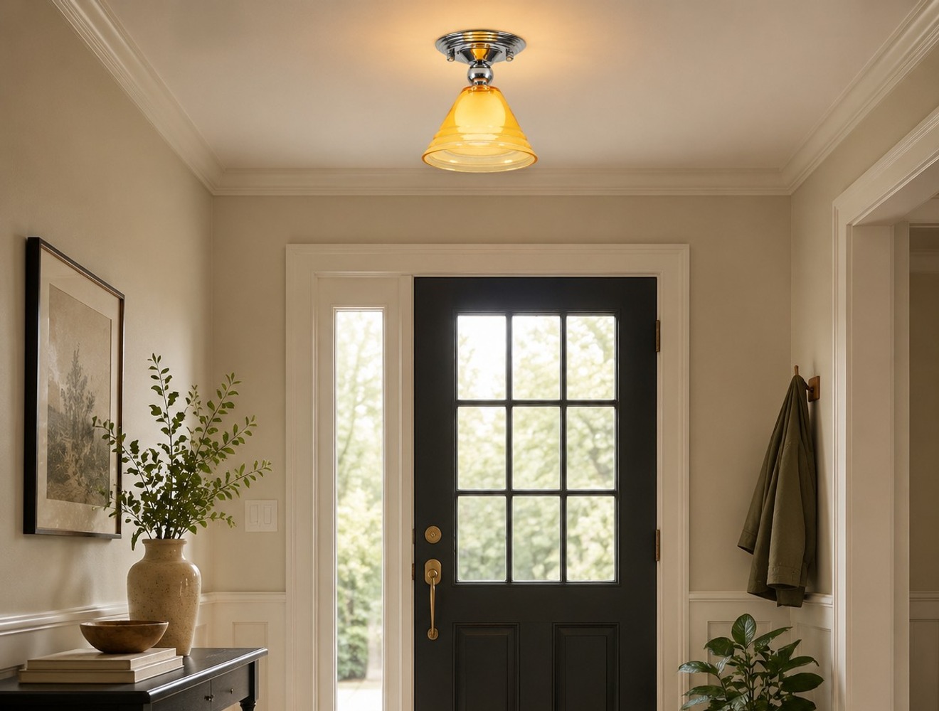 Light Yellow Glass Ceiling Light With Chrome Canopy in room setting