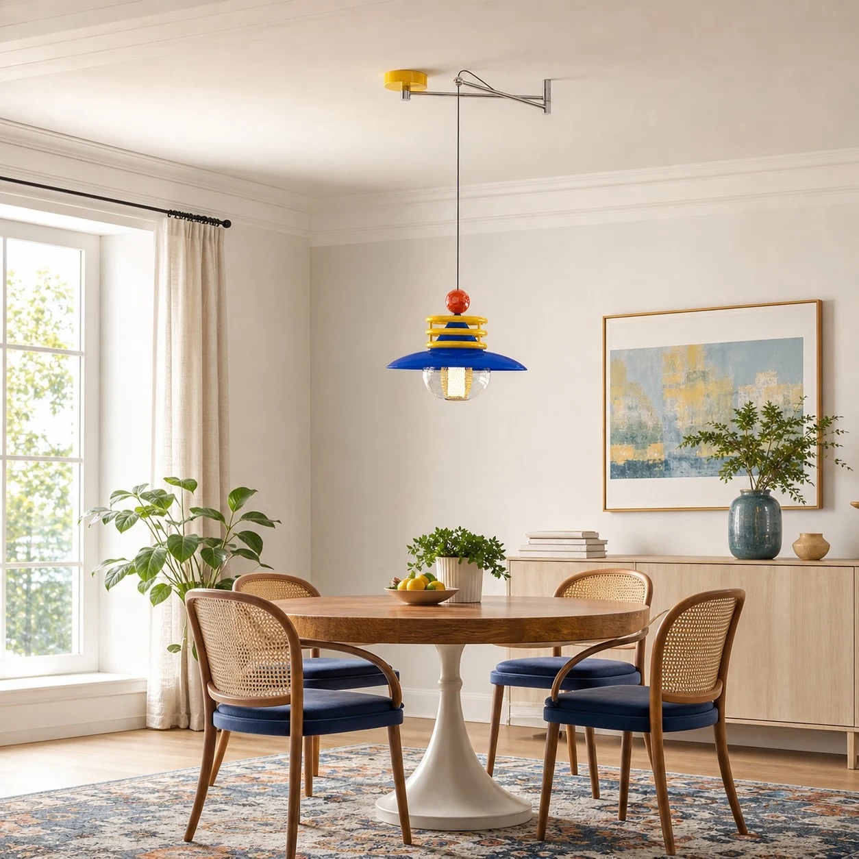 Pingente de dopamina azul e amarelo sobre uma pequena mesa de jantar