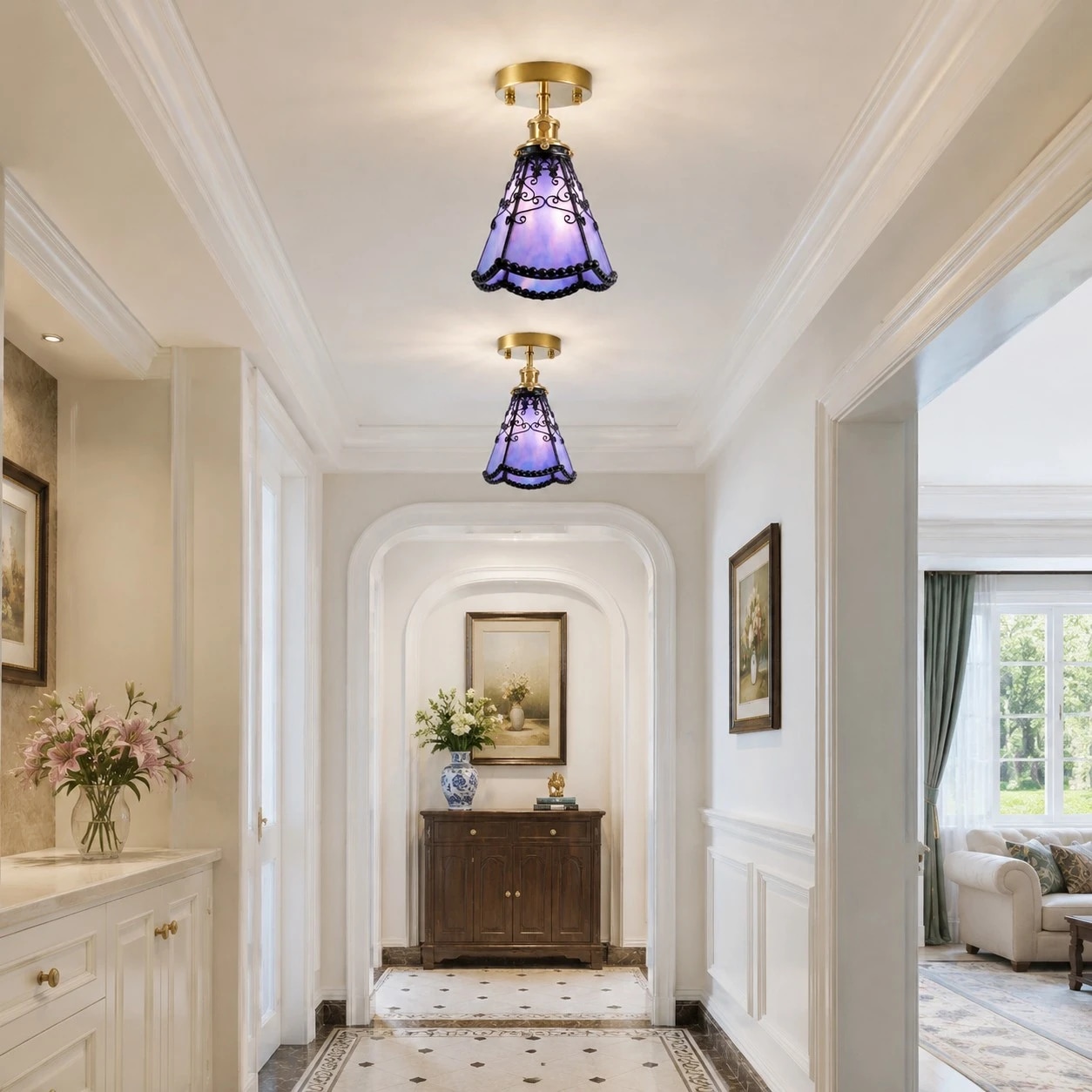 Purple Tiffany style ceiling light installed in a bright hallway and living transition space