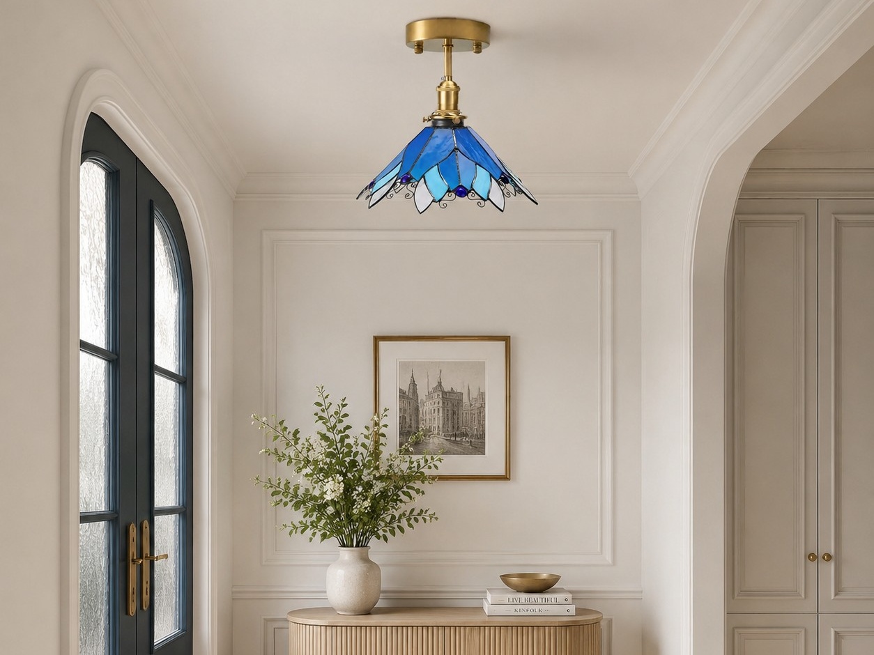 Blue Stained Glass Semi Flush Ceiling Light in room setting