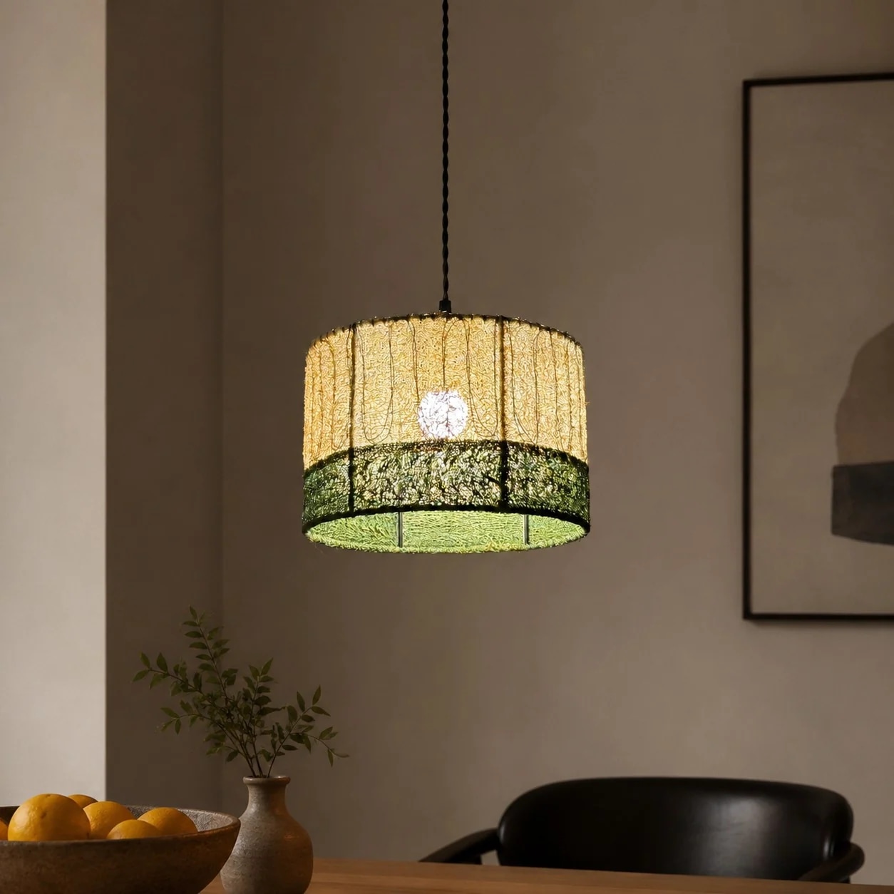 Loofah pendant shade in a warm room scene