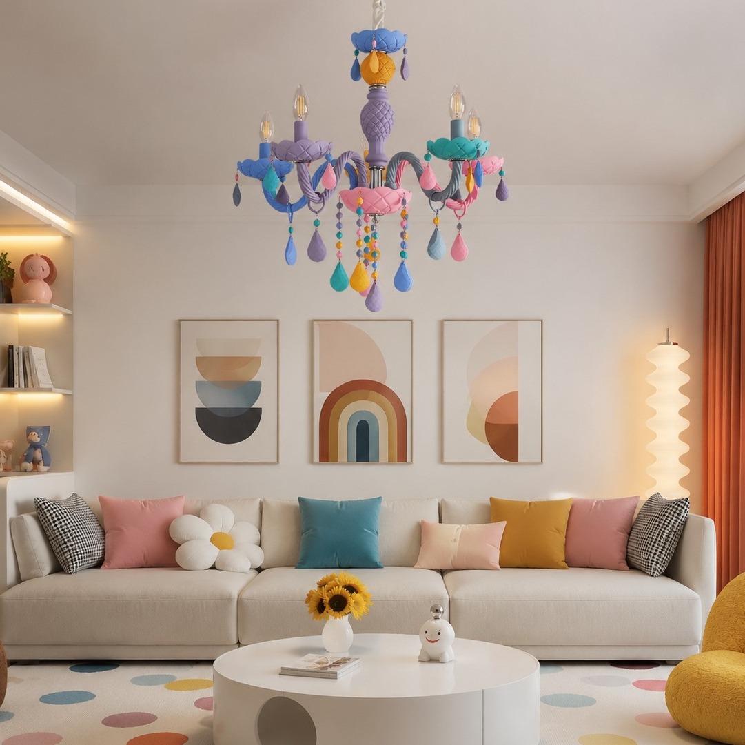 Lustre colorido infantil instalado em uma sala de estar.