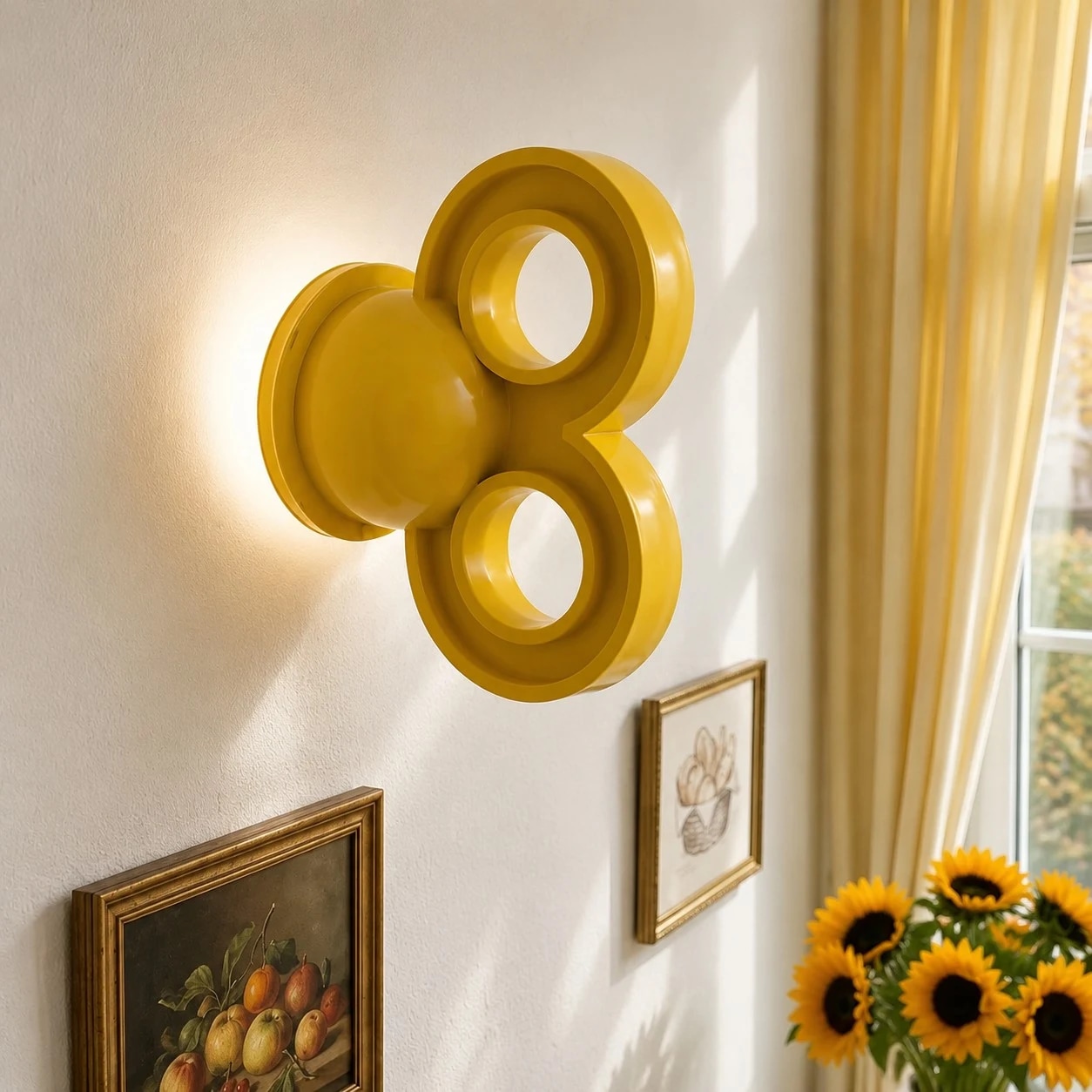 Aplique amarelo perto de arte emoldurada e cortinas amarelas