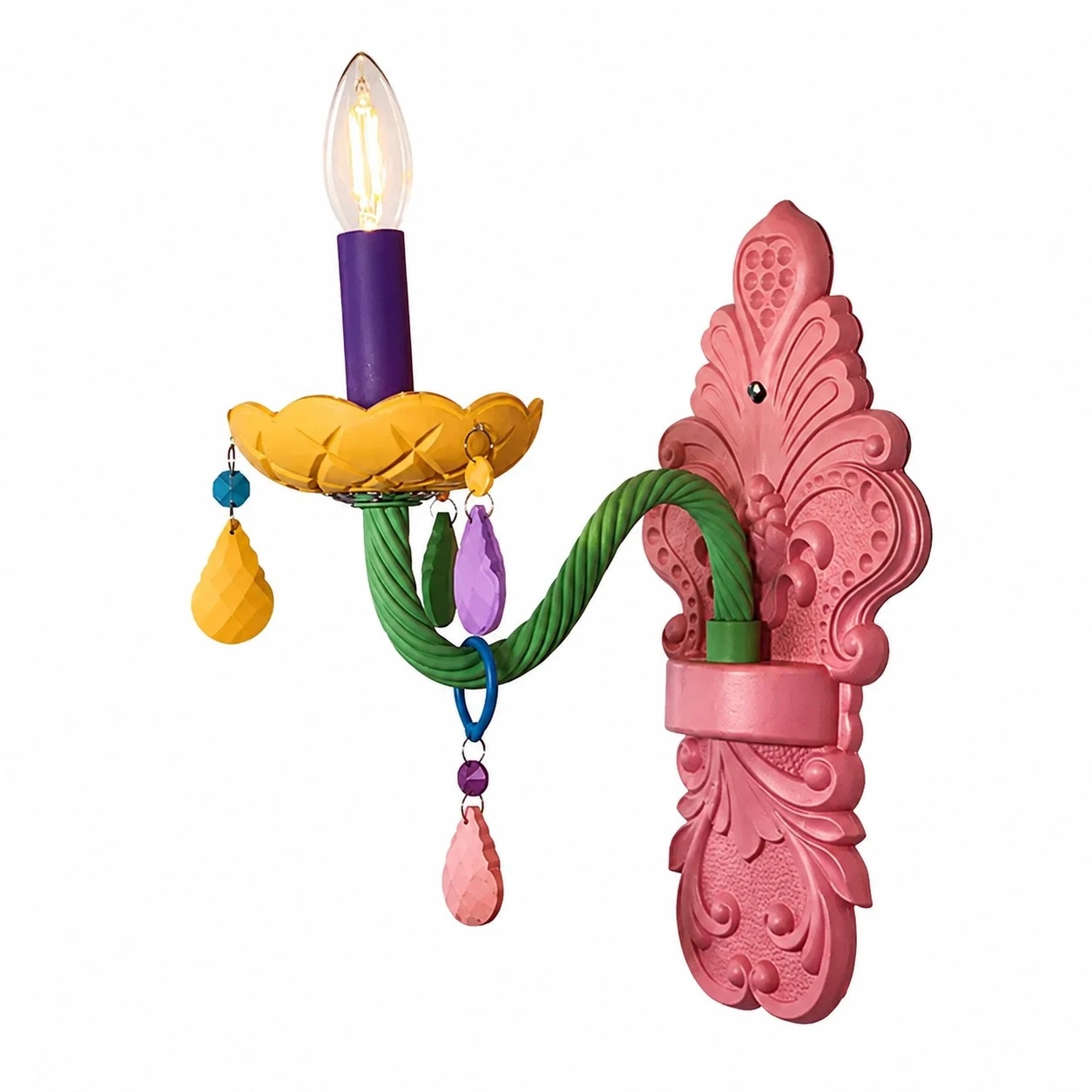 Aplique de parede de cristal colorido com uma única lâmpada para quarto infantil