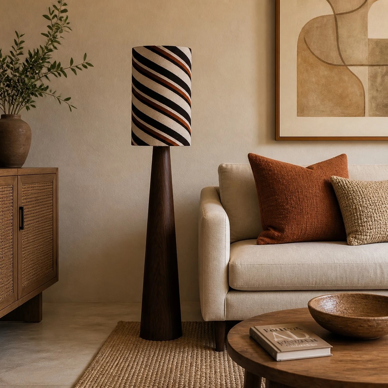 Striped fabric floor lamp lighting a sofa lounge area