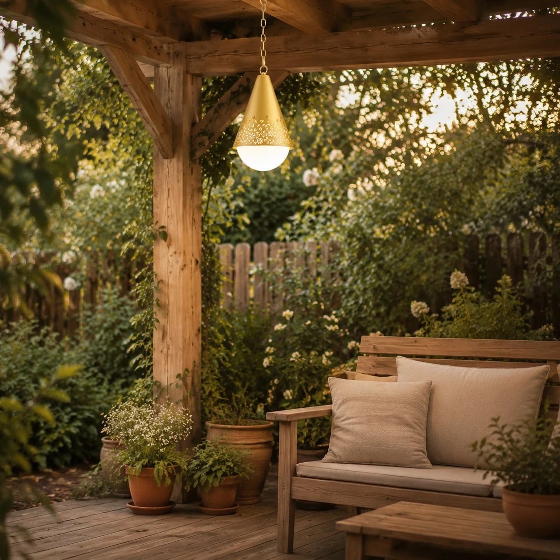 Baoxela pendant light hanging from wooden pergola in courtyard seating area