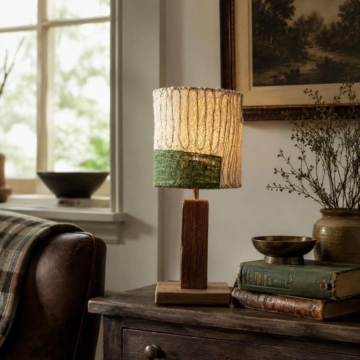 Loofah fiber table lamp lit in a warm living room