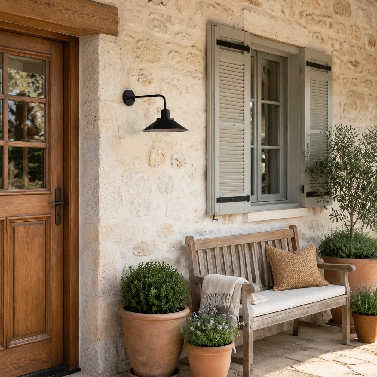 Outdoor wall lamp by a seating area
