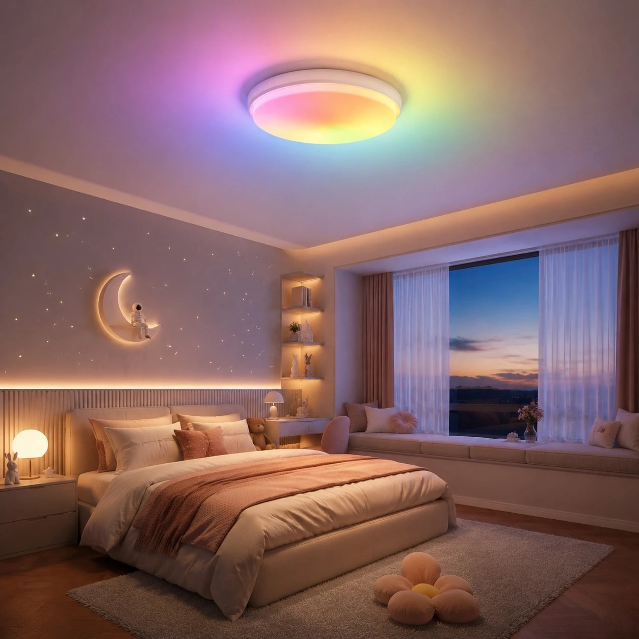 White round ceiling light with warm rainbow glow above a bed