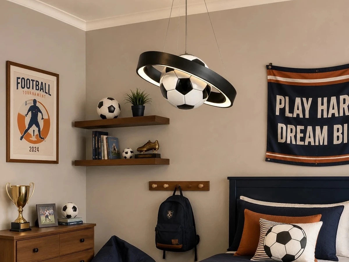 Lámpara colgante con forma de balón de fútbol sobre la mesa del comedor