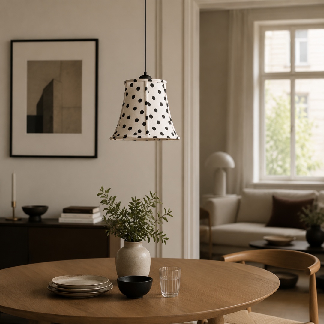 Cream polka dot pendant lamp installed over a dining table in a warm room